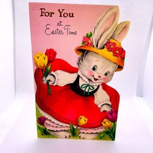 New!! Vtg 1950’s “For you at Easter” cutout bunny gardening greeting card